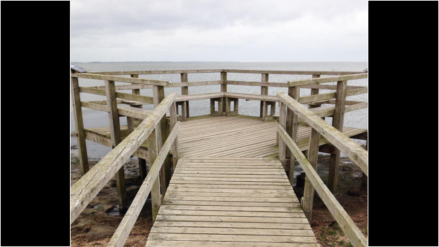 Hölzerner Steg, bleierner Himmel